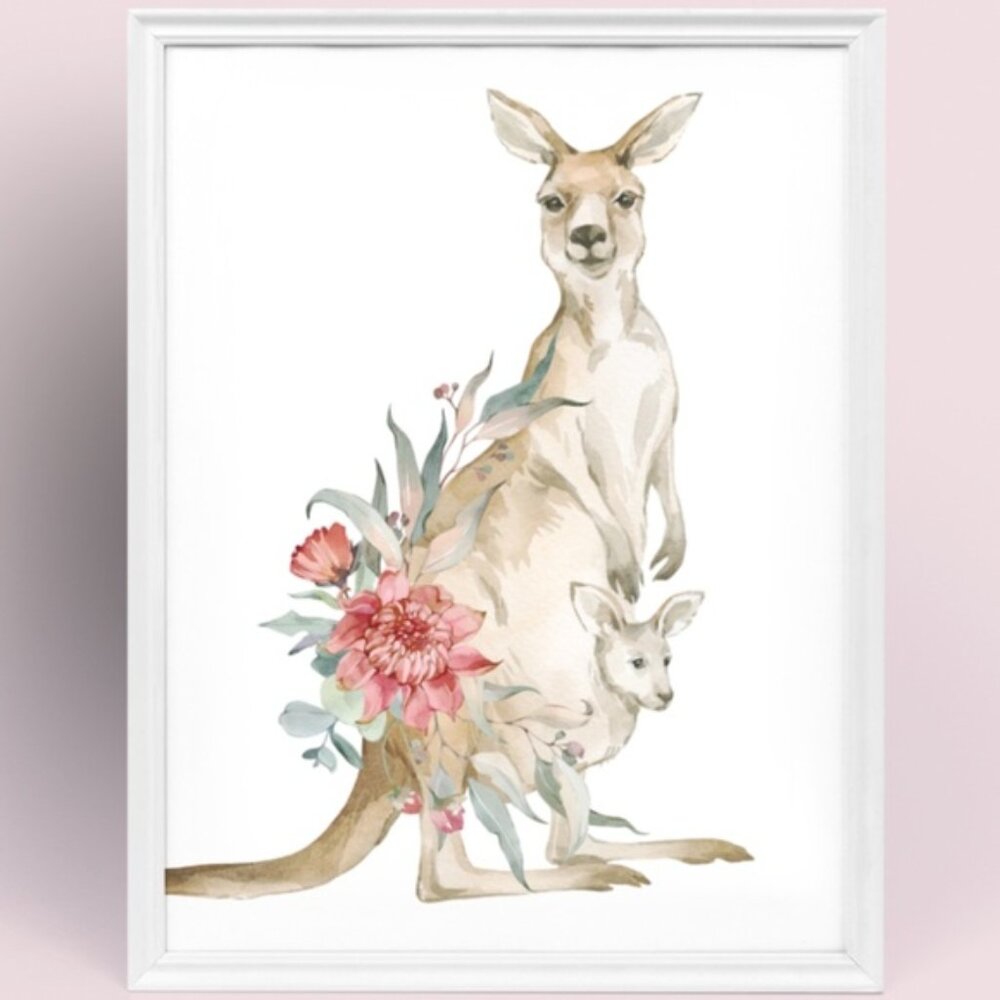 Watercolor Floral Kangaroo Illustration Wall Art Print Poster Unframed